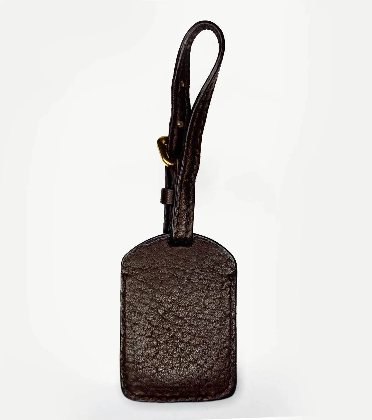 2000s Prada Chocolate Brown Leather Travel Tag with gold hardware