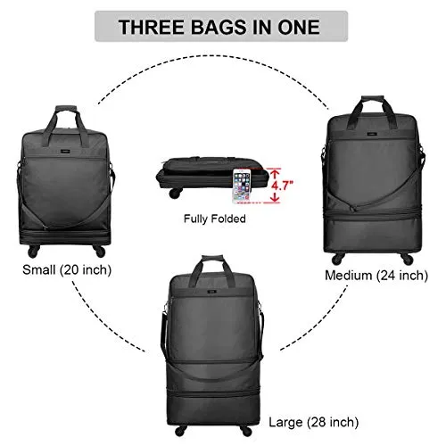 Hanke Expandable Foldable Suitcase Luggage Rolling Travel Bag Duffel Tote Bag for Men Women Lightweight Carry-on Suitcase Large Capacity Luggage with Universal Wheel(Black)