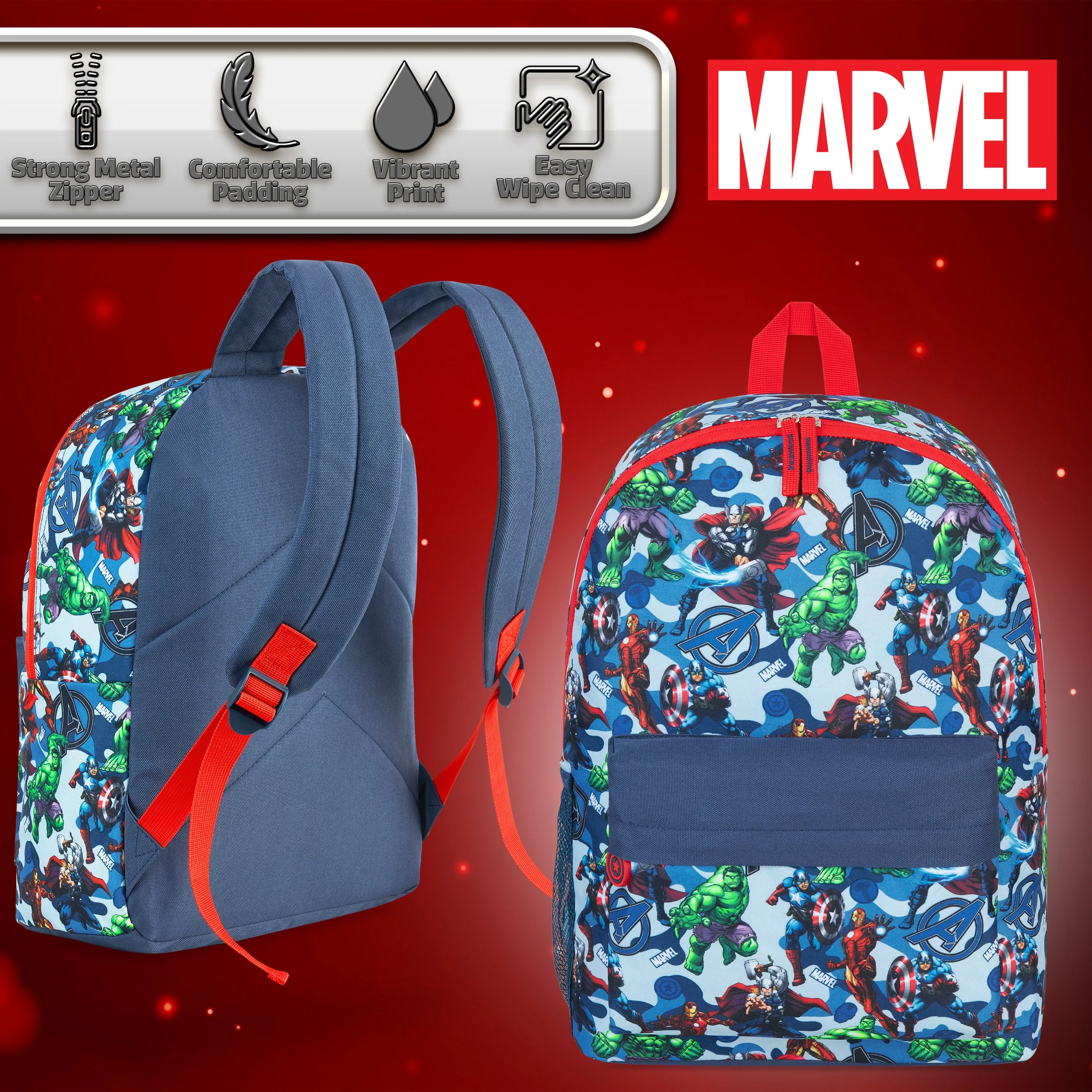 Marvel Kids Backpack, School Bag with Zipped Front Pocket - Avengers AOP